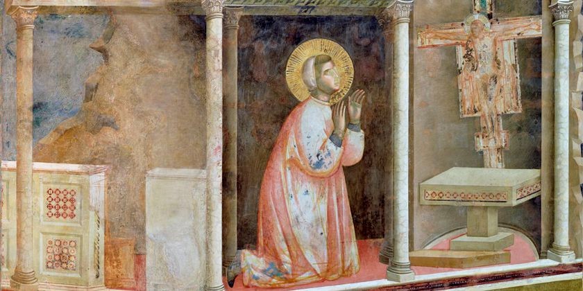 Gebet vor dem Tafelkreuz in der zerfallenen Kirche San Damiano. Detailansicht aus dem Freskenzyklus von Giotto di Bondone zum Leben des heiligen Franziskus in der Oberkirche San Francesco in Assisi.