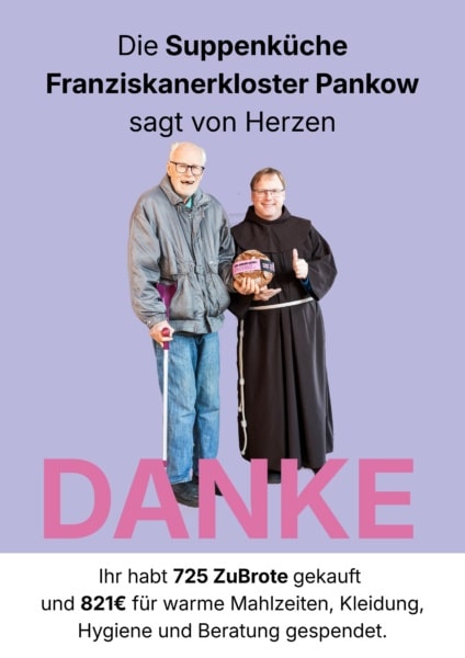 Mit diesem Plakat drückt die Suppenküche Pankow ihren Dank für die Solidaritätsaktzion ZuBrot aus.